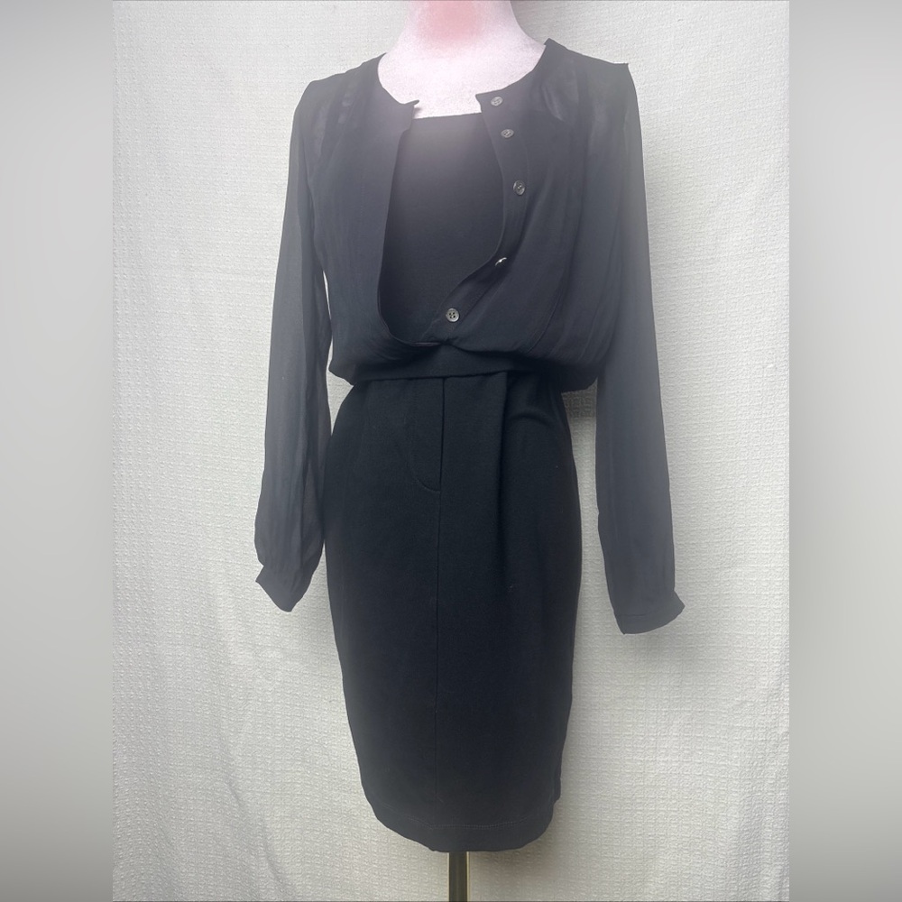 Theory Black V-Neck‎ Sheath Dress with Bishop Sleeves